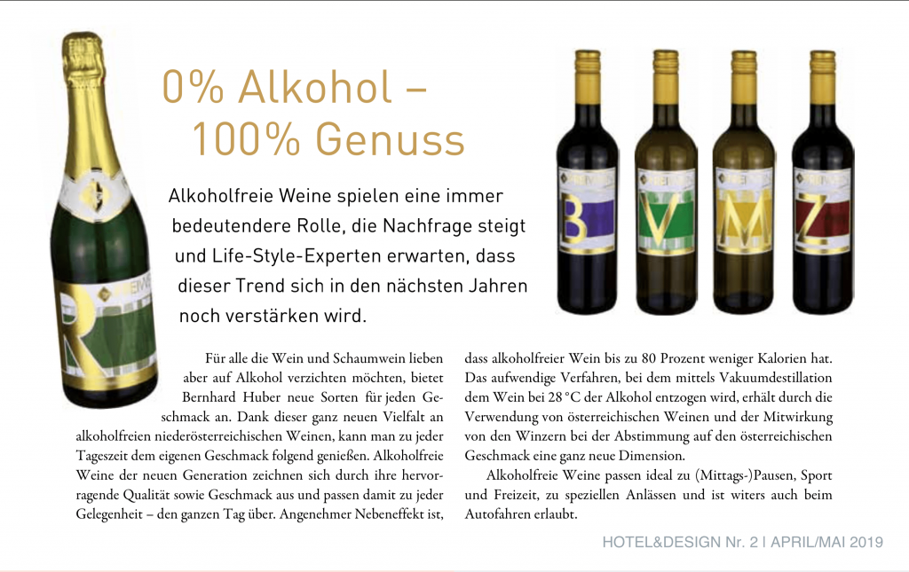 Alkoholfreier Wein, erschienen in HOTEL&DESIGN Nr. 2 | APRIL/MAI 2019